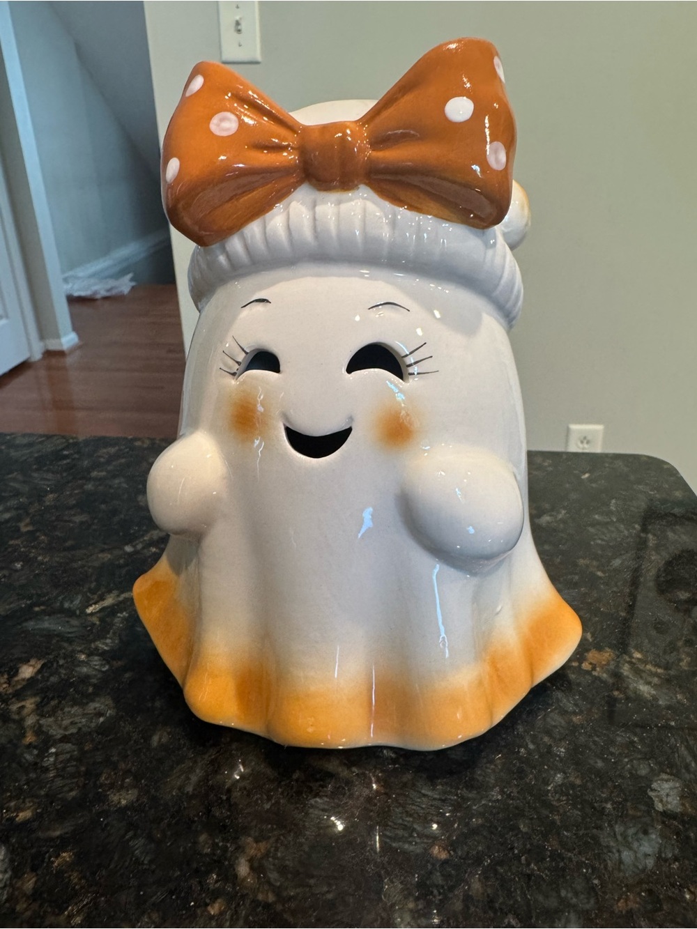 Happy smores Ghost Girl LED Ceramic Halloween w Orange Polka Dot Bow NEW